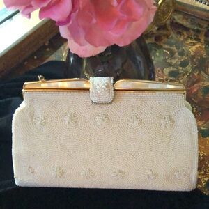 Vintage, pearl Exquisite Evening Clutch w/Mother of pearl inlaid bar